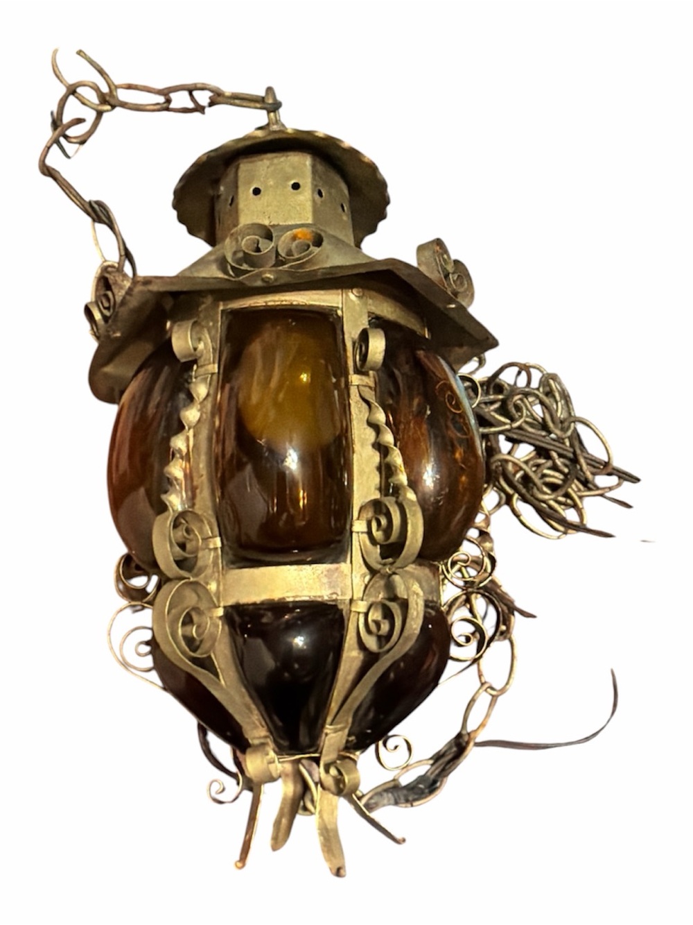 Vintage-Style Hanging Lantern in Blown Amber Glass Gold Tone by GE - Picture 5 of 9